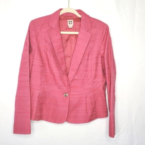 Anne Klein Linen Blend Blazer Size 14 Pink Structure Button Front Lined Jacket - Picture 13 of 13